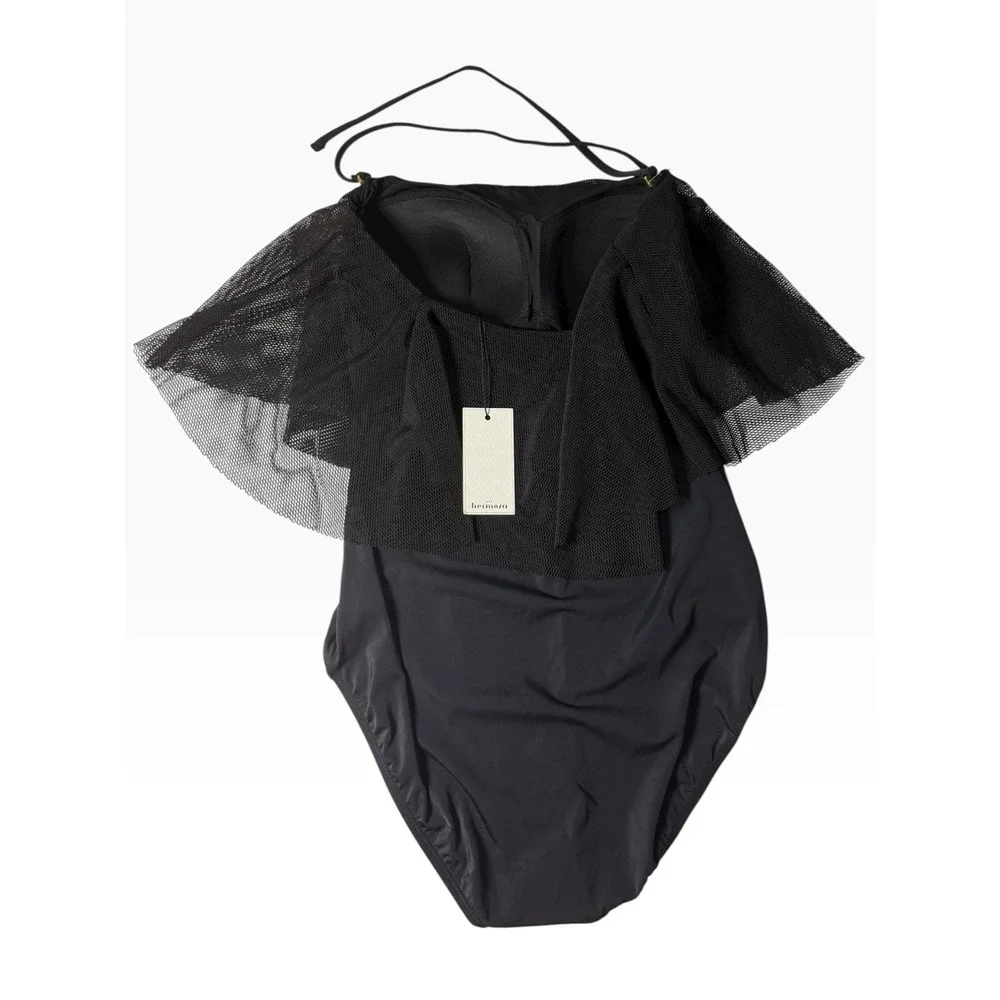 Hermoza Black Mesh Ruffle Off The Shoulder‎ One Piece Swimsuit Size 8 NEW